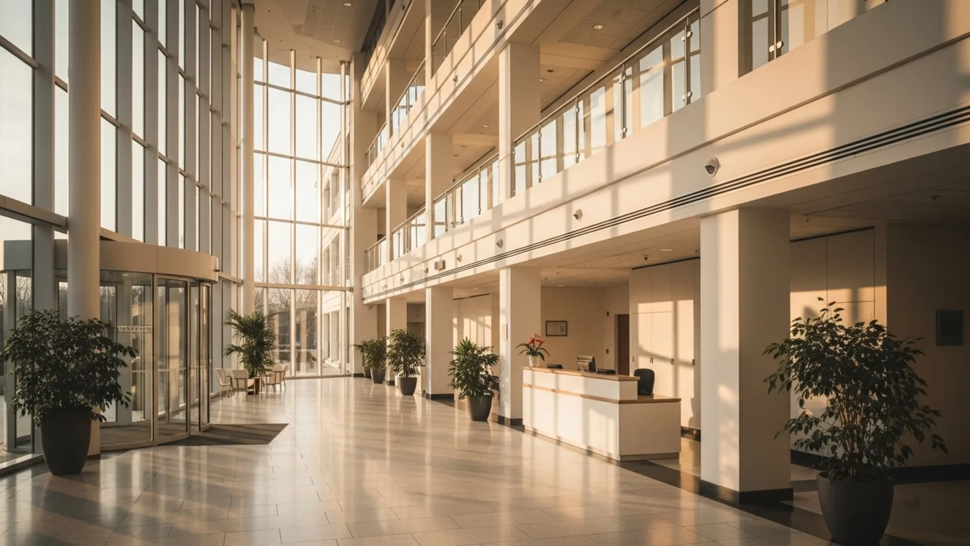 Sunlit atrium lobby of a professionally managed building with clean stone floors and tall windows