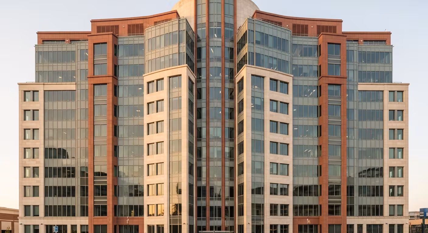 Sleek modern corporate office tower with a repeating glass and stone facade