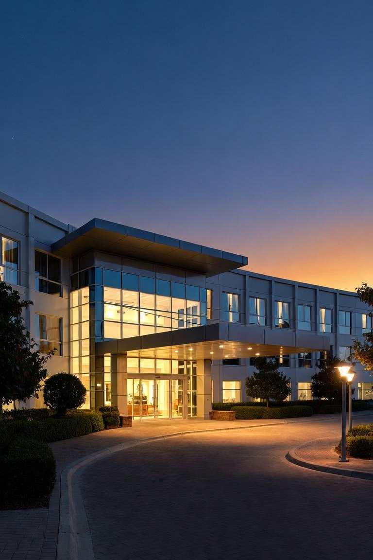 Exterior of a modern commercial office building lit up at sunset