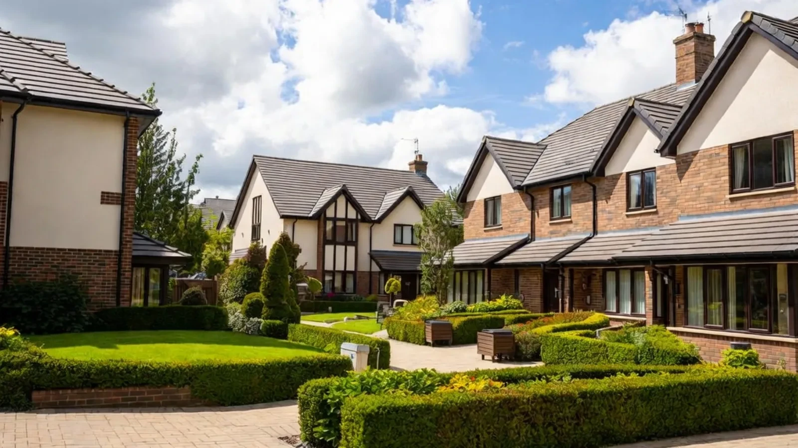 Luxury residential houses with manicured gardens