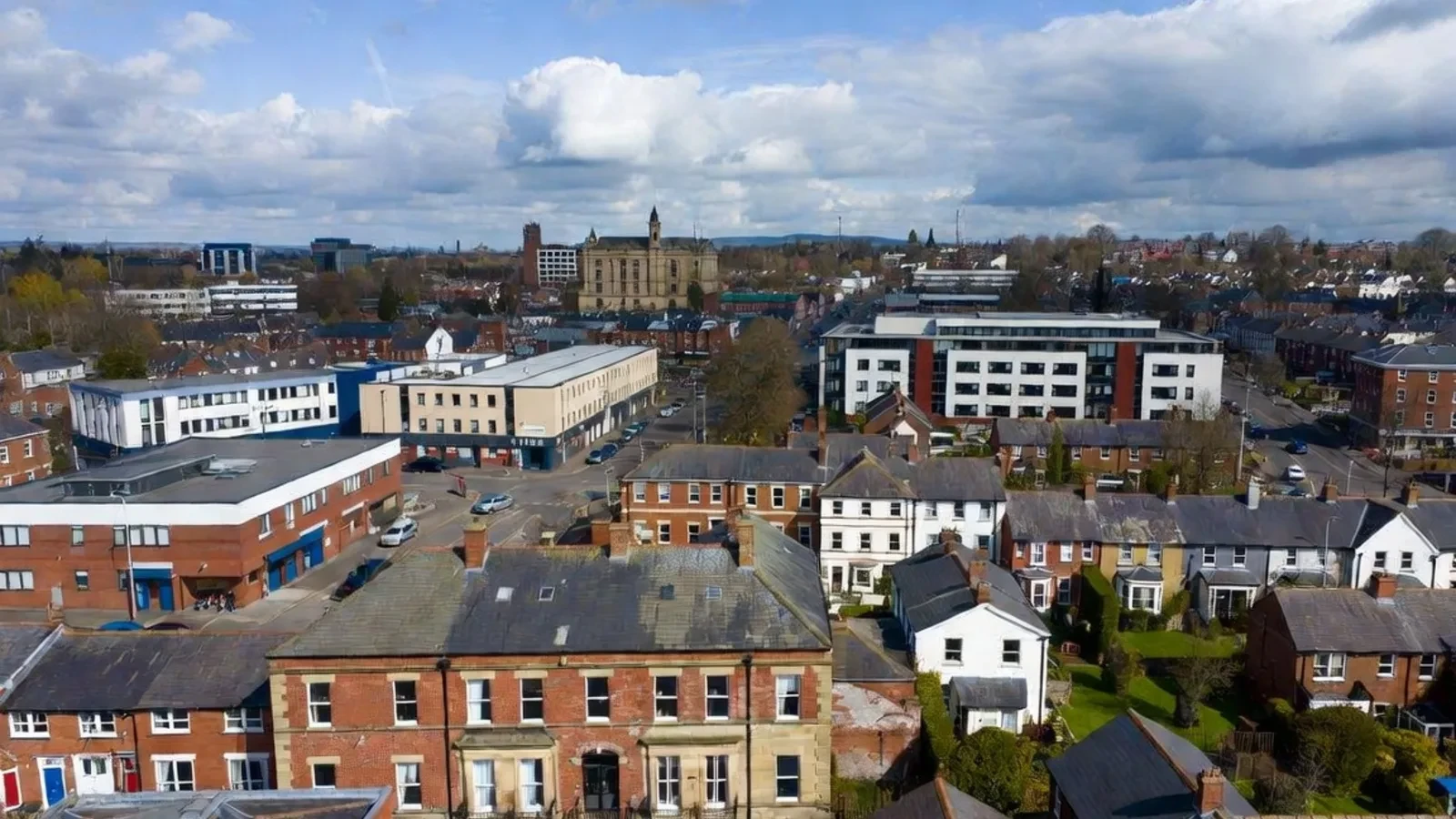 Cityscape with clock tower and town buildings
