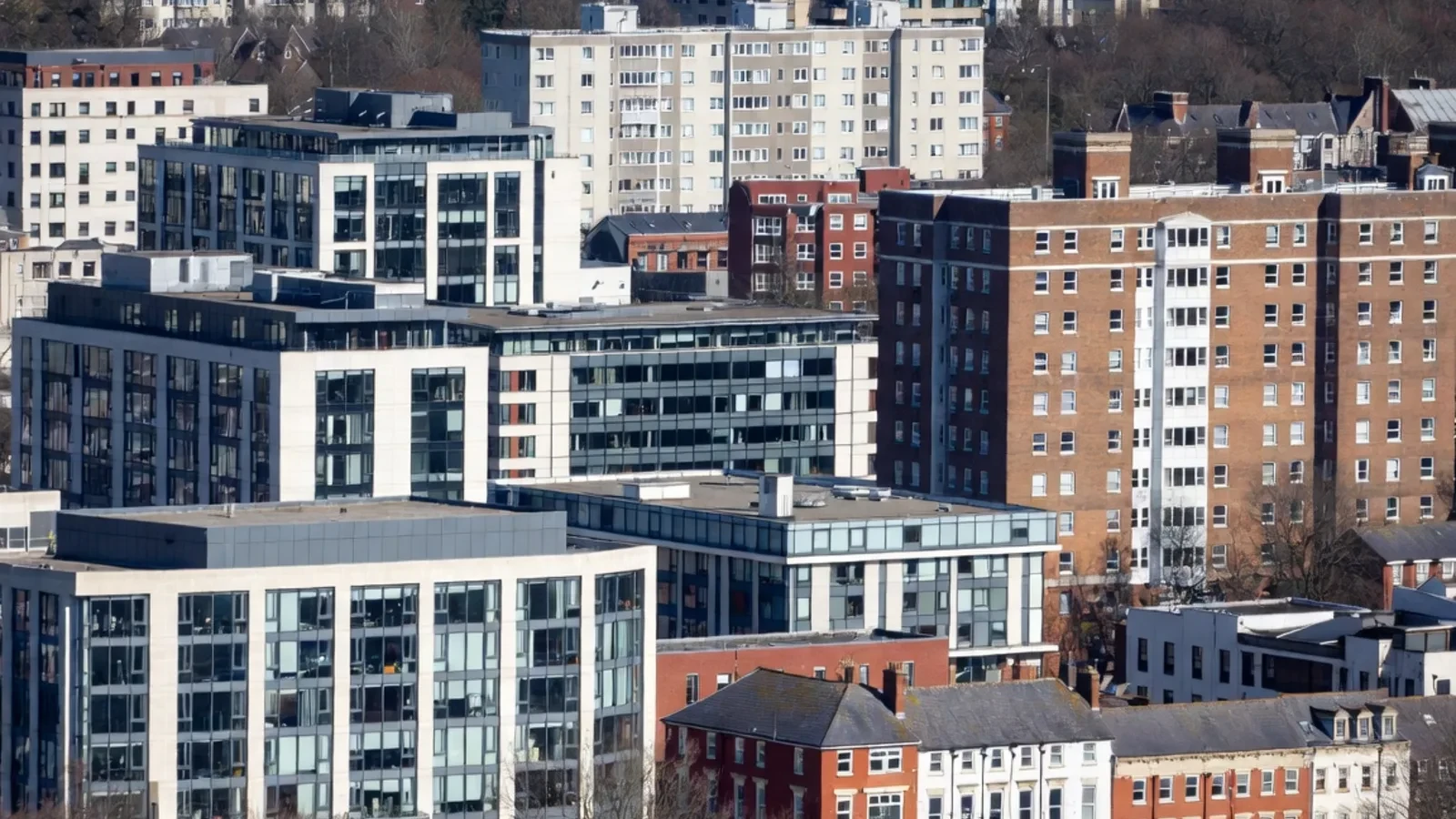 Aerial view of dense city buildings