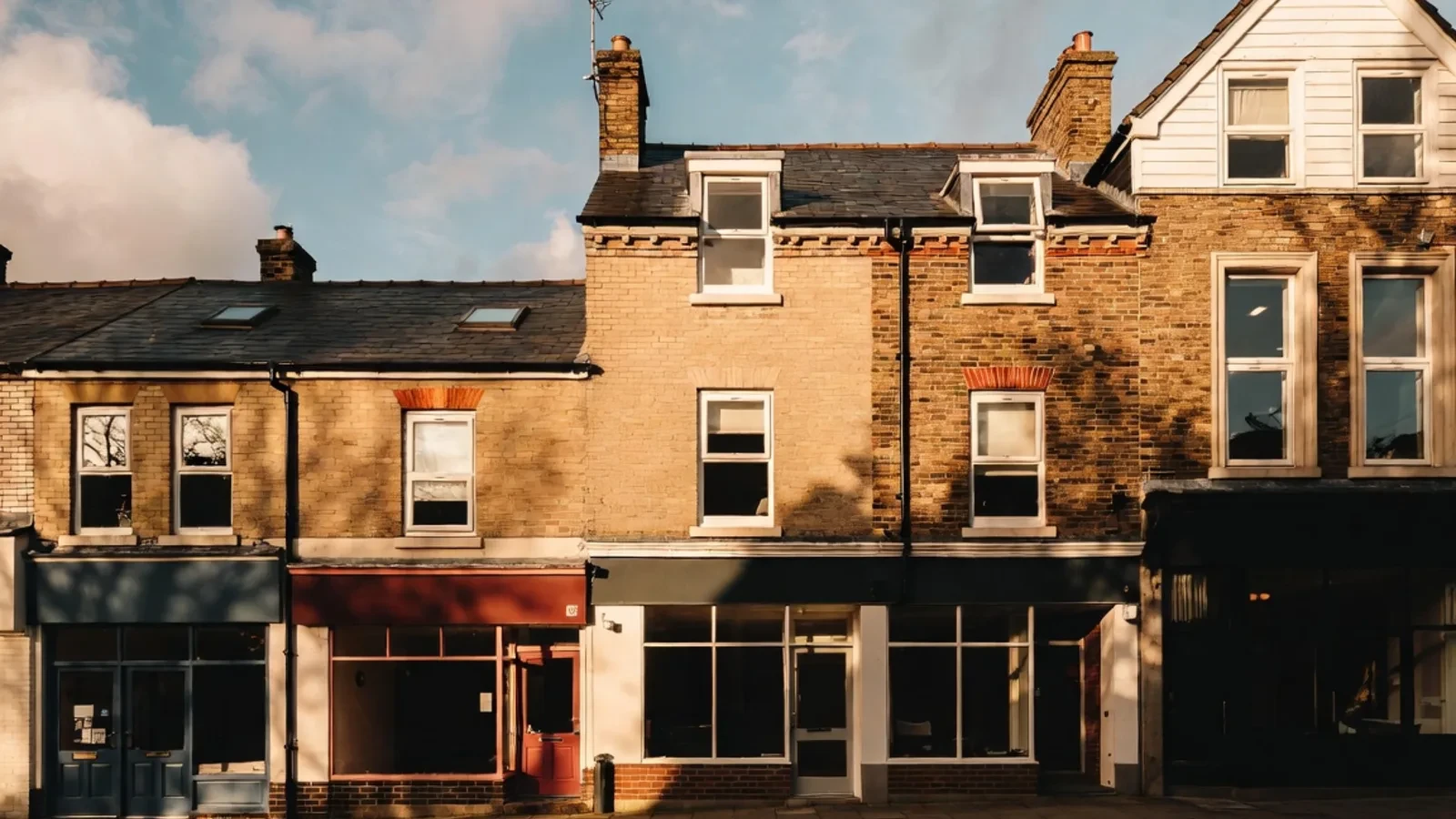 Row of terraced houses with shopfronts at street level