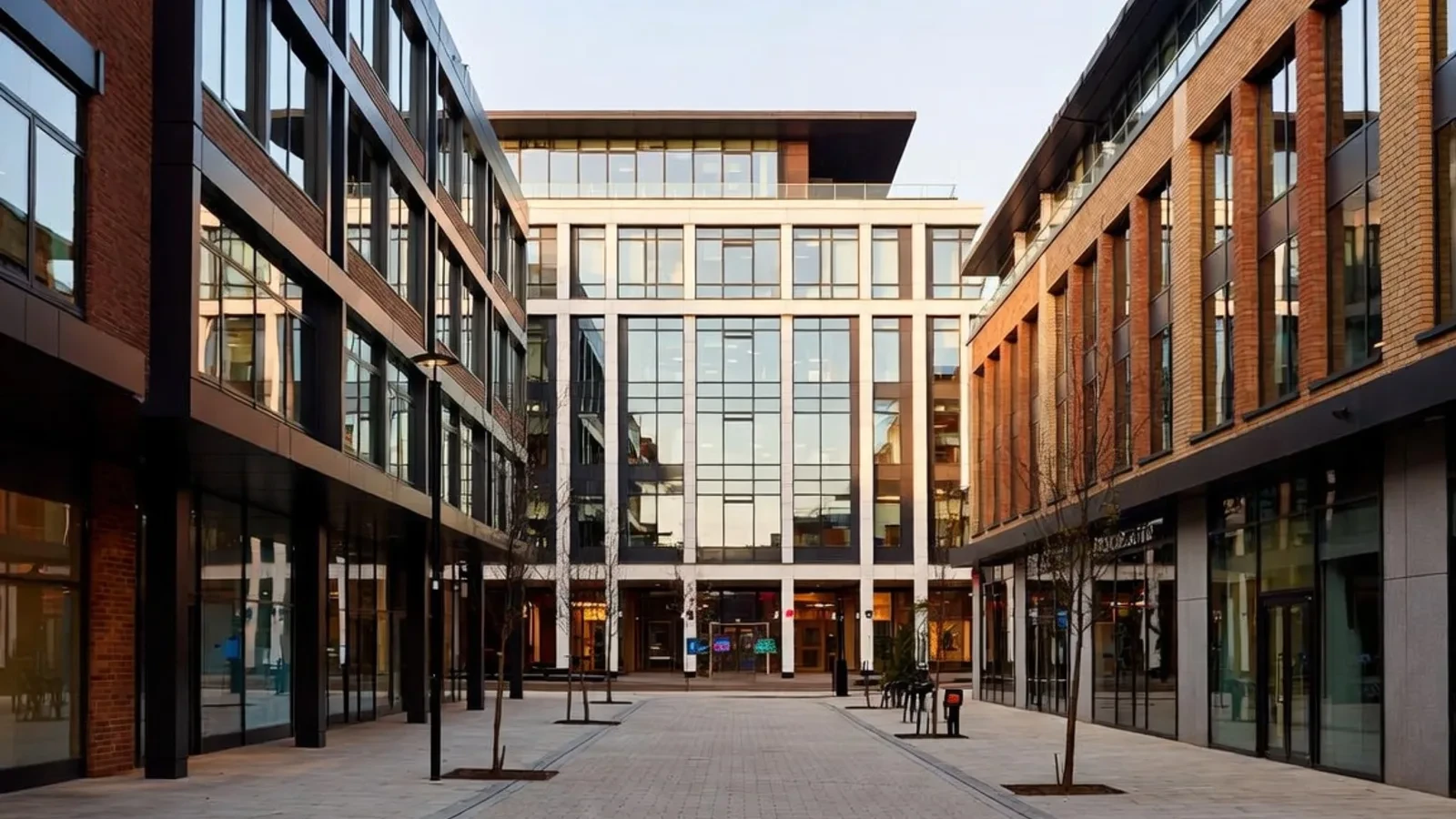 Office courtyard with three modern commercial buildings