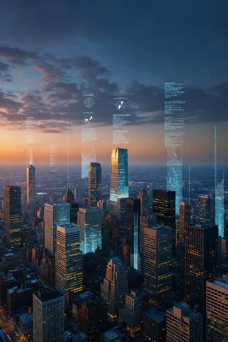 City skyline at sunset with data visualisation overlays above commercial towers