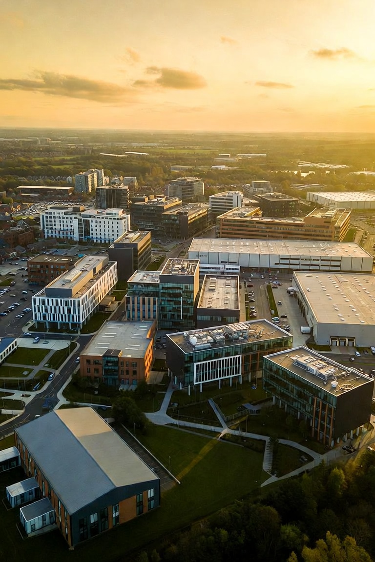 Aerial view of a UK commercial business park bathed in golden hour light