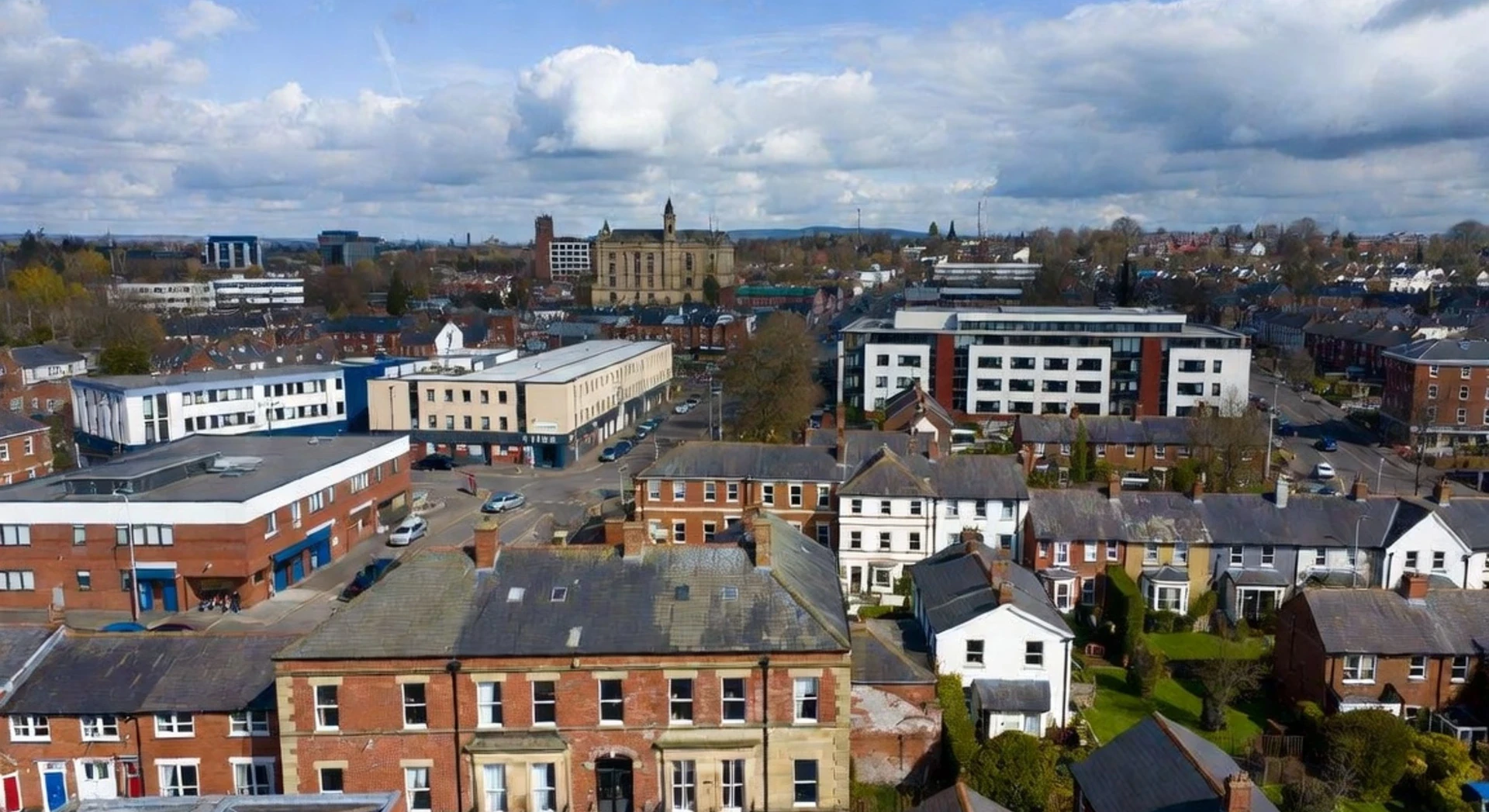 Aerial view of East Midlands rooftops and townscape