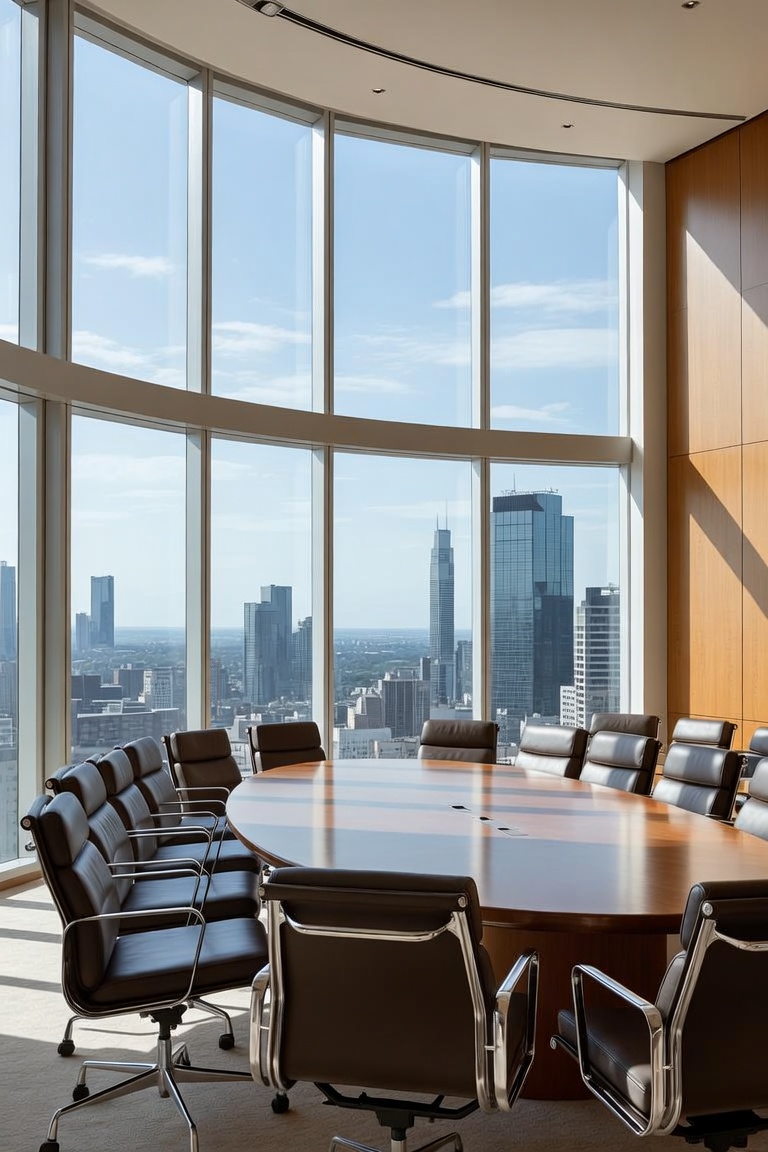 High-rise corporate boardroom with panoramic city views through floor-to-ceiling windows